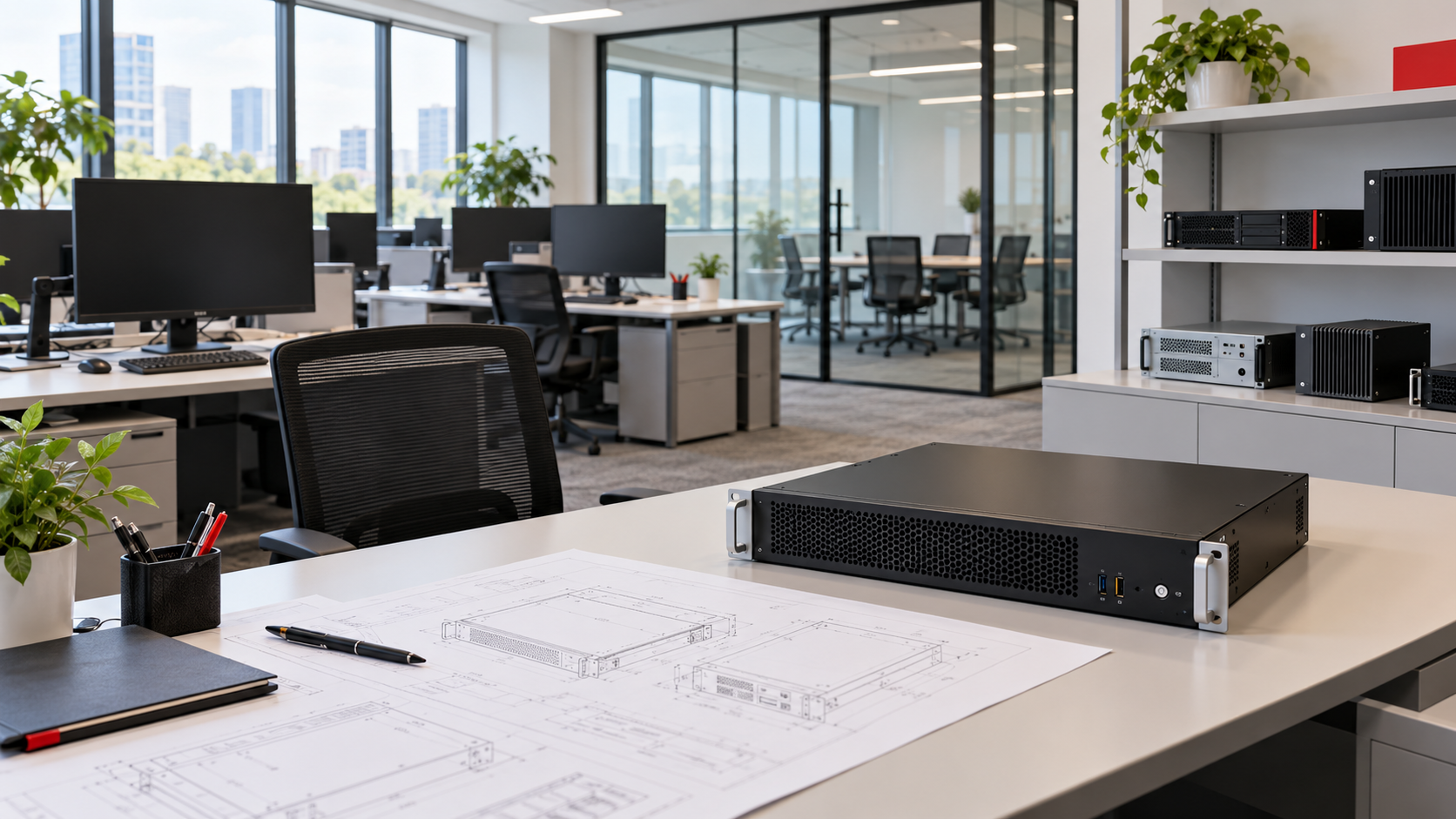 Illustrative office and engineering workspace with rackmount chassis samples